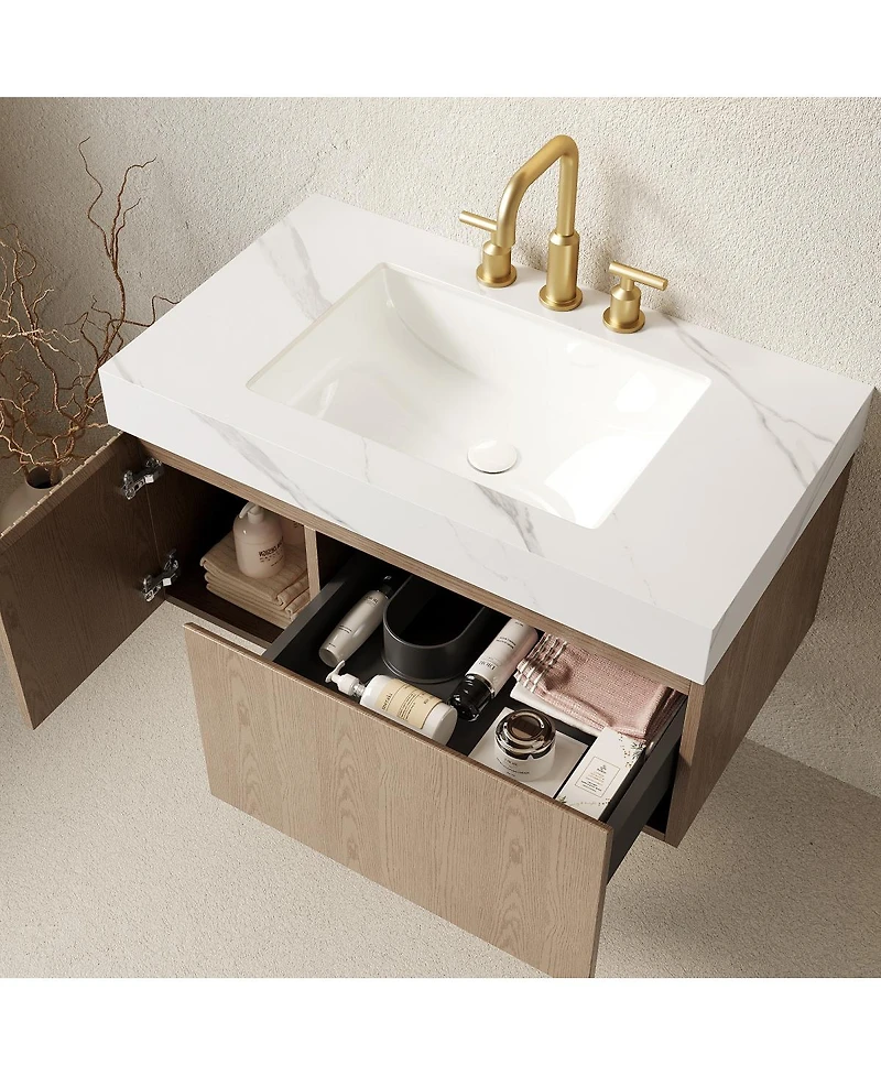 Sillysis Wall Mounted Bathroom Vanity, Carrara Sintered Stone Top, 3-Hole Ceramic Sink, Soft Close Cabinet