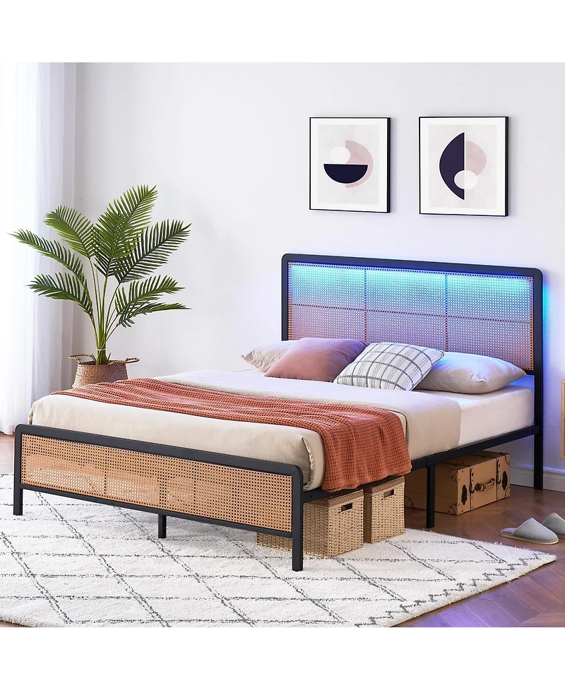gaomon Full Size Rattan Bed Frame with Led Light Headboard, Bohemian Style Cane Boho Bed Frames