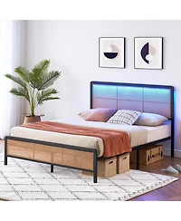 gaomon Full Size Rattan Bed Frame with Led Light Headboard, Bohemian Style Cane Boho Bed Frames