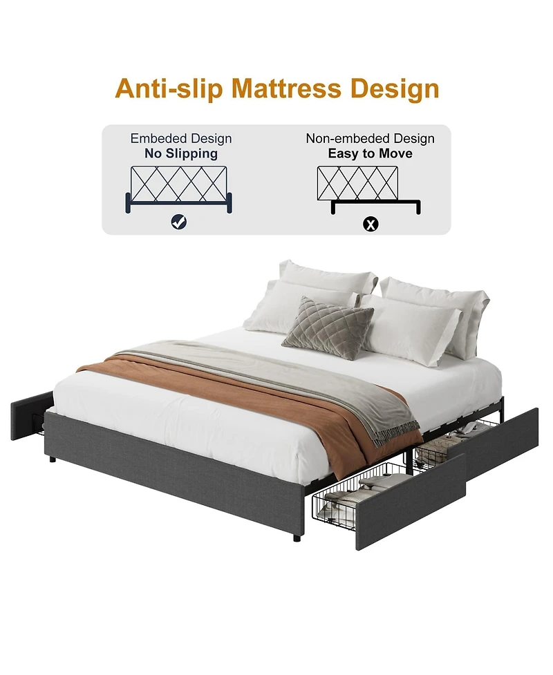 gaomon King Size Platform Bed Frame with 4 Storage Drawers,No Fixed Headboard