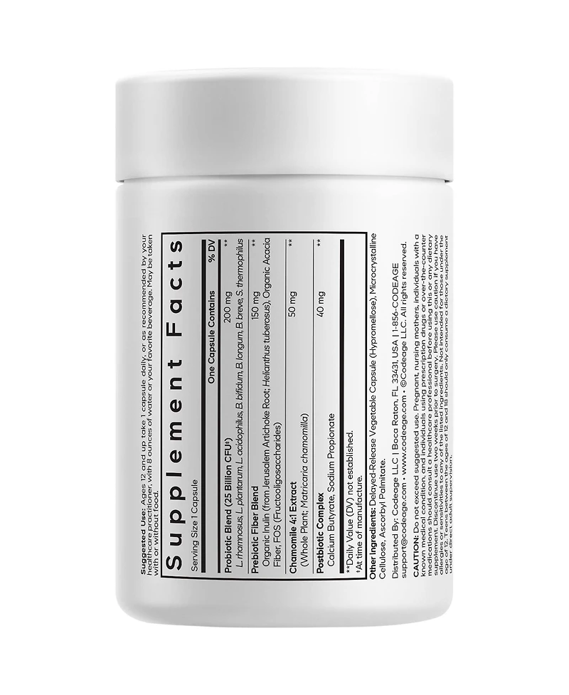 Codeage Teen Probiotic Plus 25B Cfu, Prebiotics, Postbiotics, Chamomile, Gut and Digestion Support, 30 Capsules