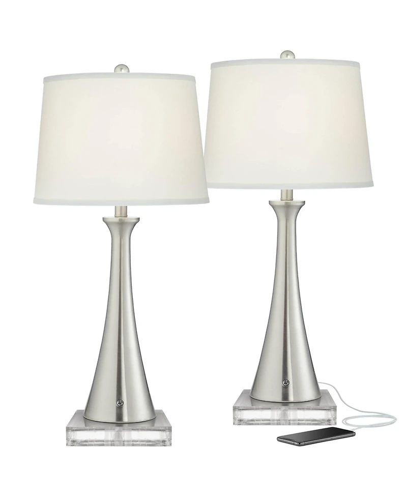 360 Lighting Karl Modern Table Lamps Set of 2 with Square Risers Brushed Nickel Usb and Ac Power Outlet in Base Shade for Bedroom House