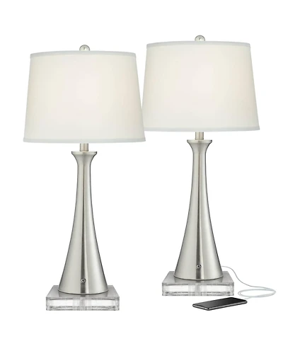 360 Lighting Karl Modern Table Lamps Set of 2 with Square Risers Brushed Nickel Usb and Ac Power Outlet in Base Shade for Bedroom House