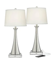 360 Lighting Karl Modern Table Lamps Set of 2 with Square Risers Brushed Nickel Usb and Ac Power Outlet in Base Shade for Bedroom House