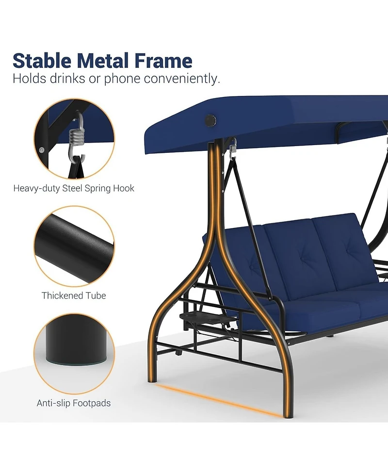 GarveeLife 3-Person Outdoor Swing Chair with Adjustable Canopy, Convertible Swing Bed, Soft Cushions, Cup Holders, All-Weather Steel Frame