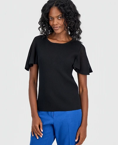 Kasper Women's Crewneck Flutter-Sleeve Rib-Knit Sweater
