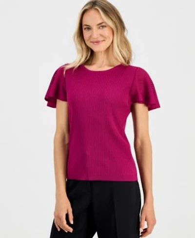 Kasper Womens Crewneck Flutter Sleeve Rib Knit Sweater