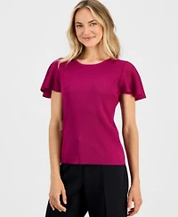 Kasper Womens Crewneck Flutter Sleeve Rib Knit Sweater