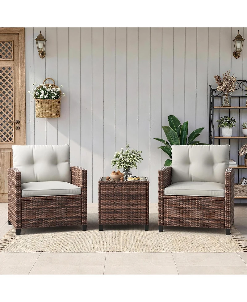 GarveeLife 3-Piece Pe Rattan Patio Conversation Set with Cushions Outdoor Wicker Chairs and Tempered Glass Coffee Table