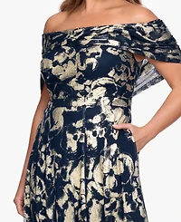 Betsy & Adam Plus Printed Off-The-Shoulder Ball Gown