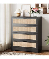gaomon 4 Drawer Rattan Dresser with Power Outlets, Wood Chest for Bedroom
