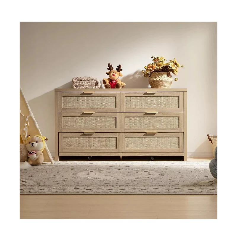 gaomon Rattan 6 Drawer Dresser, 57" Wide Boho Wooden Storage Chest, Tv Stand for Bedroom or Living Room