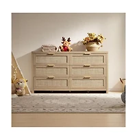 gaomon Rattan 6 Drawer Dresser, 57" Wide Boho Wooden Storage Chest, Tv Stand for Bedroom or Living Room