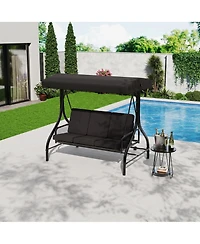 GarveeLife 3-Seat Outdoor Patio Swing Chair with Adjustable Canopy and Reclining Backrest Heavy Duty Metal Frame Thick Resistant