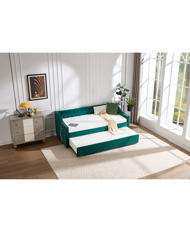 Streamdale Furniture Twin Upholstered Daybed with Trundle, Usb, Pockets, Velvet, Button Tufted