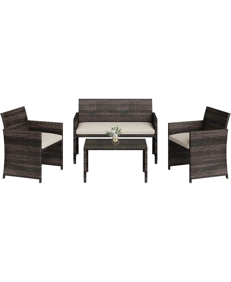 GarveeLife 4-Piece Outdoor Patio Furniture Set, Pe Rattan Conversation Set with Loveseat, 2 Chairs and Tempered Glass Coffee Table