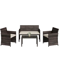 GarveeLife 4-Piece Outdoor Patio Furniture Set, Pe Rattan Conversation Set with Loveseat, 2 Chairs and Tempered Glass Coffee Table