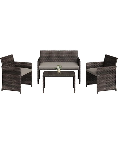 GarveeLife 4-Piece Outdoor Patio Furniture Set, Pe Rattan Conversation Set with Loveseat, 2 Chairs and Tempered Glass Coffee Table