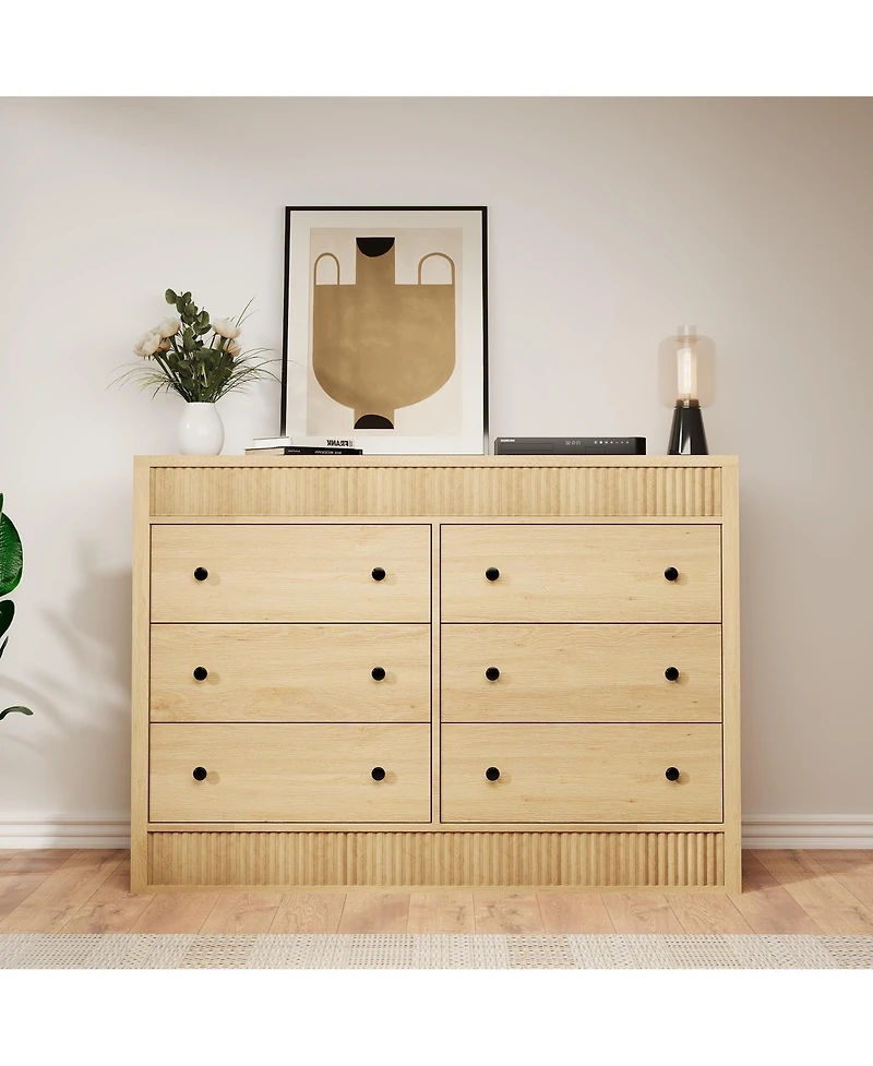 gaomon Fluted 6 Drawer Wooden Dresser, 47" Wide Modern Storage Chest for Bedroom or Living Room