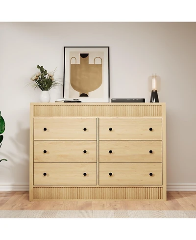 gaomon Fluted 6 Drawer Wooden Dresser, 47" Wide Modern Storage Chest for Bedroom or Living Room