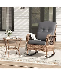 GarveeLife Outdoor Wicker Rocking Chairs, Pe Rattan Garden Rocking Chairs with Thick Cushion Pillow Patio Rocker Chair for Backyard