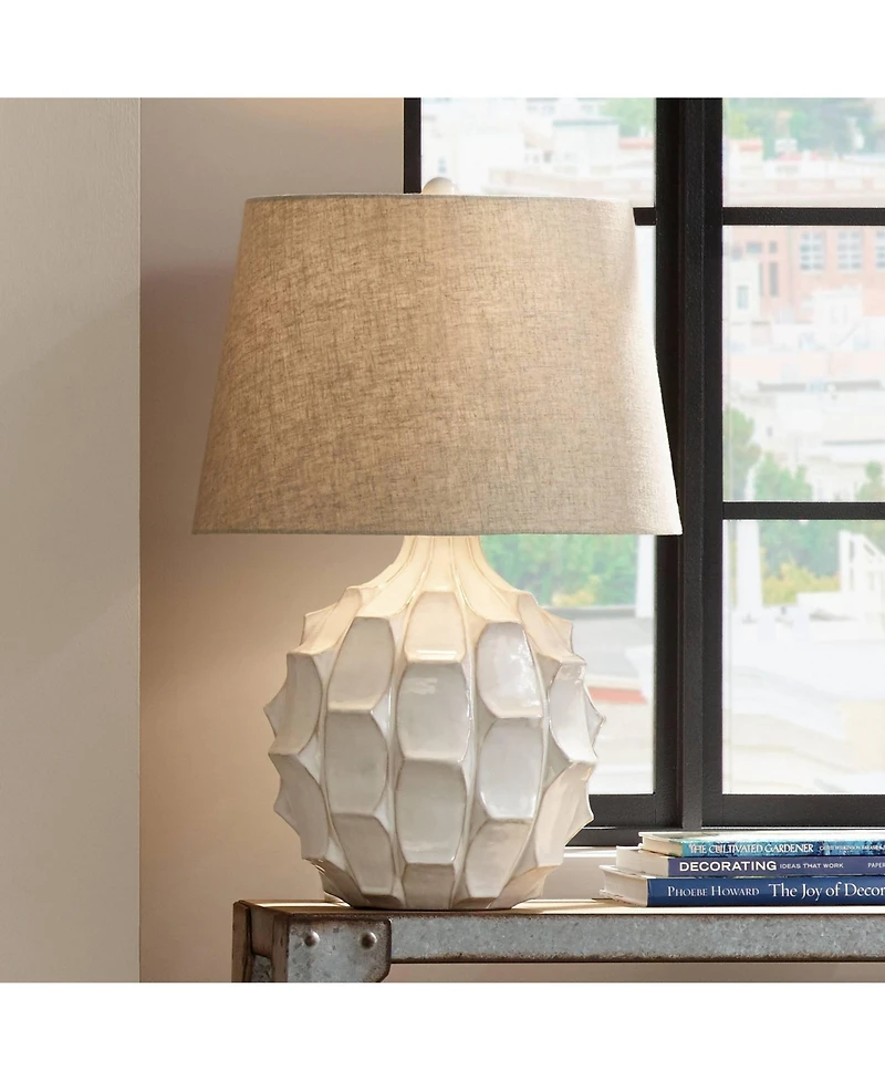Possini Euro Design Mid-Century Modern Table Lamp with Usb Charging Port 26.5" Linen Drum Shade Living Room Bedroom