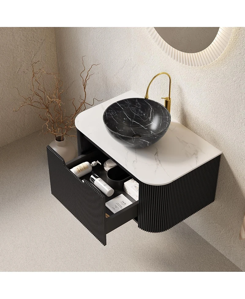 Sillysis Wall Mounted Bathroom Vanity, Artificial Marble Top with Bowl Sink, Striped Plywood Cabinet