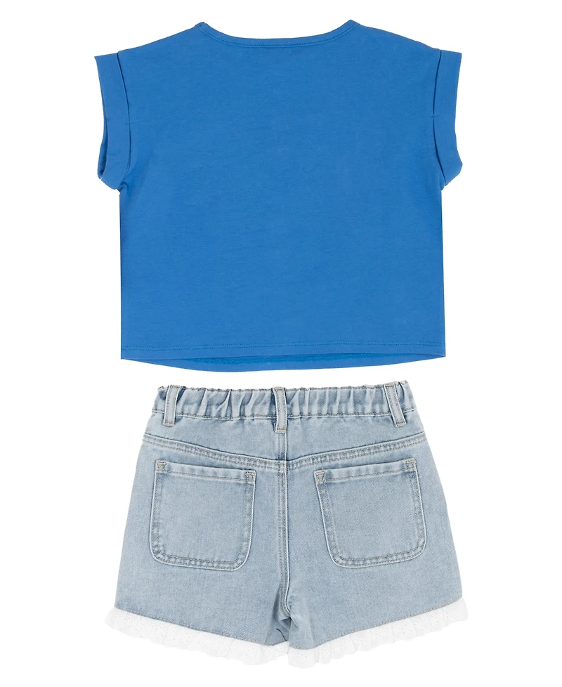 Rare Editions Girls' 2T-6X Knitted Short-Sleeve T-Shirt and Denim Shorts, 2-Piece Set