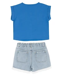 Rare Editions Girls' 2T-6X Knitted Short-Sleeve T-Shirt and Denim Shorts, 2-Piece Set
