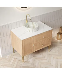 Sillysis Modern Bathroom Vanity with Round Ceramic Basin, Carrara Sintered Stone Countertop, 2 Drawers and 1 Door