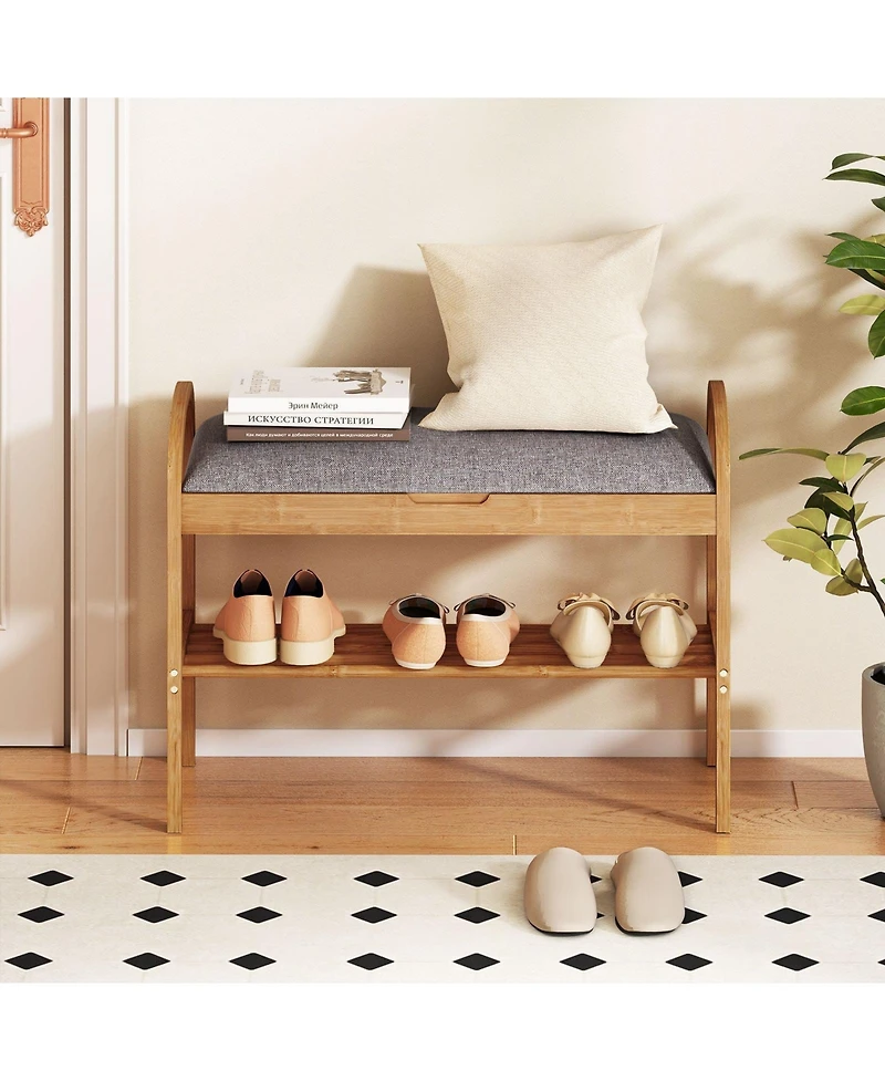 Slickblue Wicker Shoe Bench with Cushion and 2 Tier Storage Rack