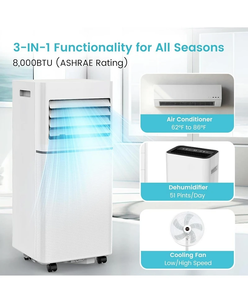 Antartic Star 8000 Btu Portable Air Conditioner, 3-in-1 Ac with Cooling/Fan/Dehumidifier, Remote, Led Display, Sleep Mode, Window Kit