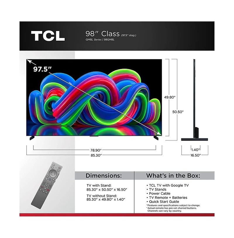 Tcl 98" RM9L Series 4K Uhd Rgb Mini Led Smart Tv Hdr Home Theater - 98RM9L