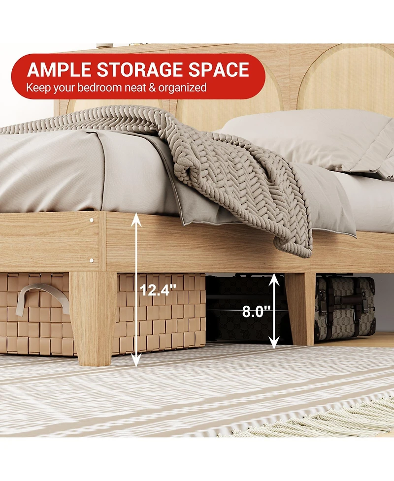 homfan Platform Bed with Rattan Headboard and Adjustable Rgb Led, Wood Slat Support, Noise-Reducing Design