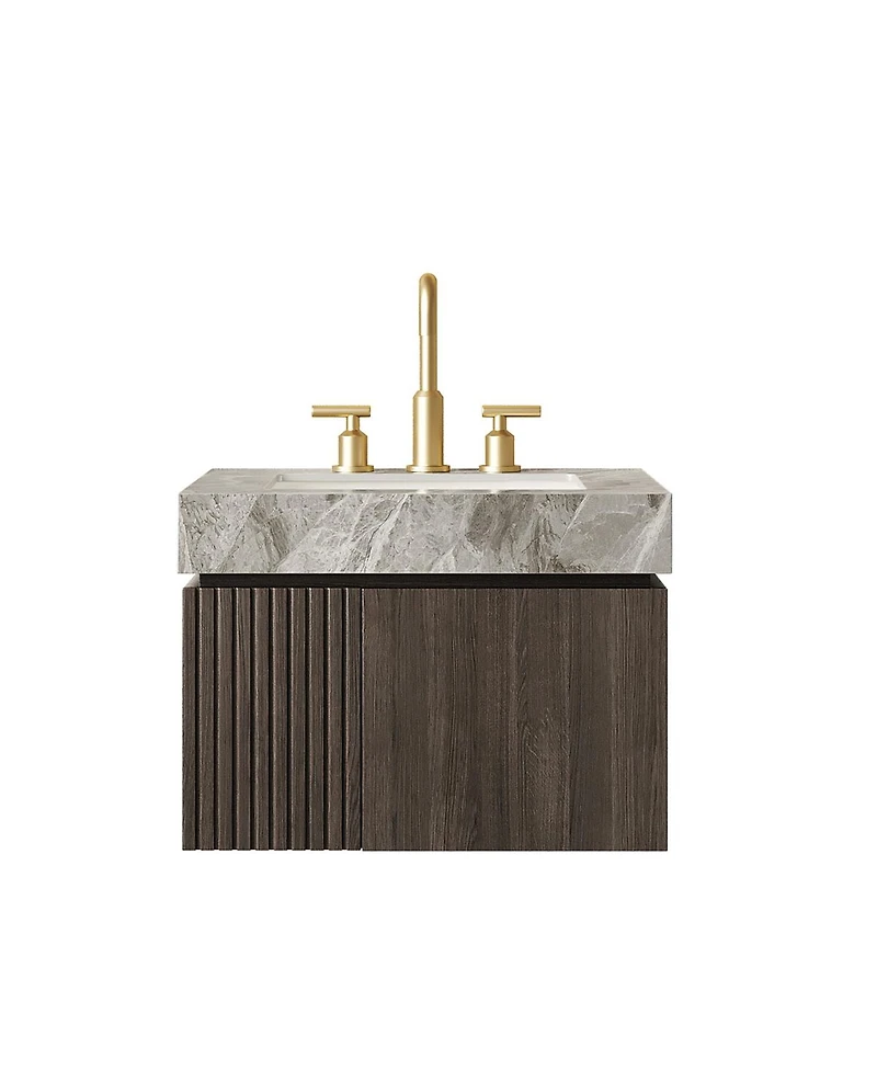 Sillysis 24 Inches Floating Bathroom Vanity with Italian Sintered Stone Top, Plywood Cabinet, 3 Hole Ceramic Sink, Soft Close Storage, Pre-assembled