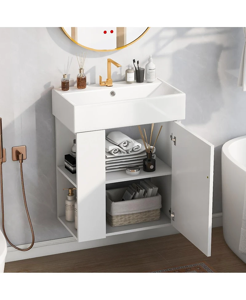 Sillysis 21.6'' Floating Bathroom Vanity with Ceramic Sink, Left Side Storage, Soft Close, Modern Wall Mounted Cabinet for Small Spaces