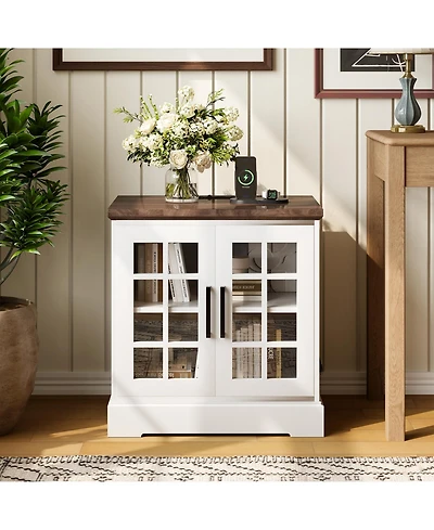 homfan Farmhouse Bedside End Table with Charging Station, Glass Barn Door Design, Adjustable Shelves and Large Storage, Stable for Bedroom