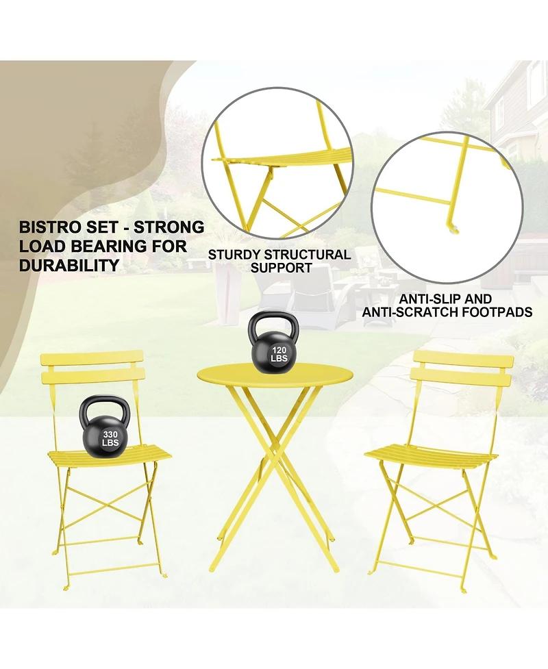 homfan 3-Piece Folding Bistro Set with 1 Table and 2 Chairs, Metal Patio Set for Balcony, Porch, Lawn, Indoor Outdoor Use