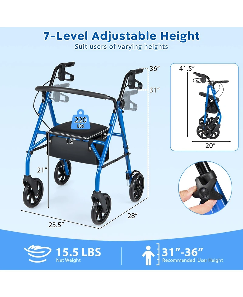 Costway Rollator Walker with Seat, Height Adjustable Handles, Storage Basket for Seniors