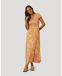 Cable & Gauge Women's Lace Up V Neck Printed Maxi Dress