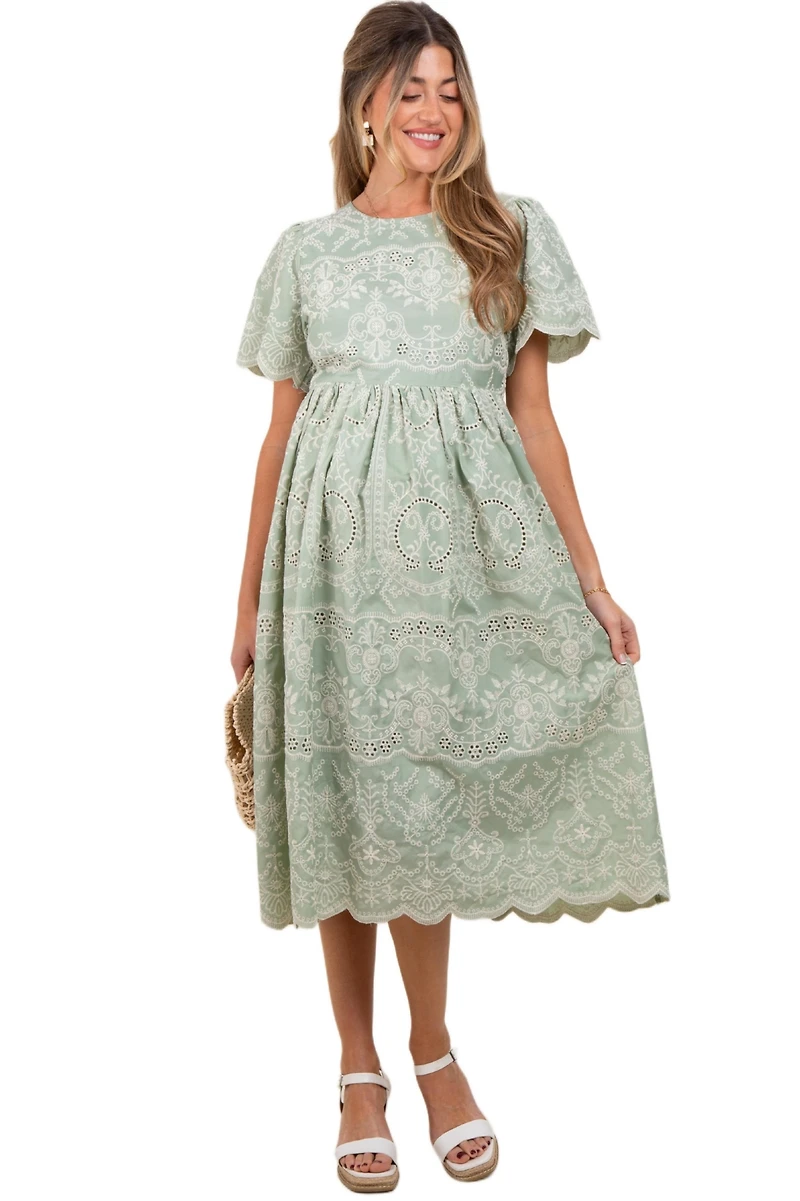 Pinkblush Maternity Light Olive Floral Embroidered Tied Waist Midi Dress