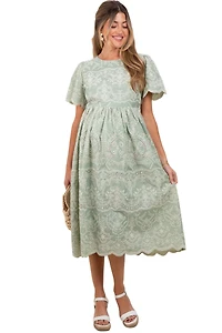 Pinkblush Maternity Light Olive Floral Embroidered Tied Waist Midi Dress