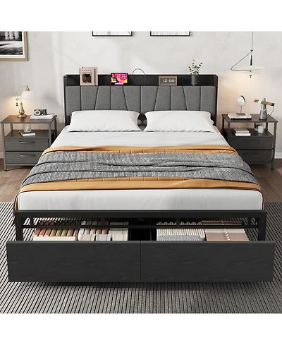 homfan Bed Frame with Storage Headboard, Platform Bed with Large Drawer and Charging Station