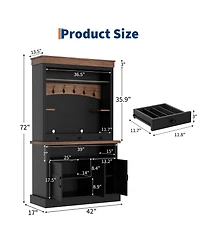 homfan 72 Inch Tall Farmhouse Coffee Bar Cabinet with Led Lights, Adjustable Shelves, Doors and Drawer, Multi-Room Storage Sideboard