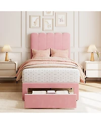 homfan Twin Upholstered Bed Frame with Headboard and Storage Drawer, Velvet Platform Wood Slats, No Box Spring Needed