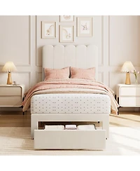 homfan Twin Upholstered Bed Frame with Headboard and Storage Drawer, Velvet Platform Wood Slats, No Box Spring Needed