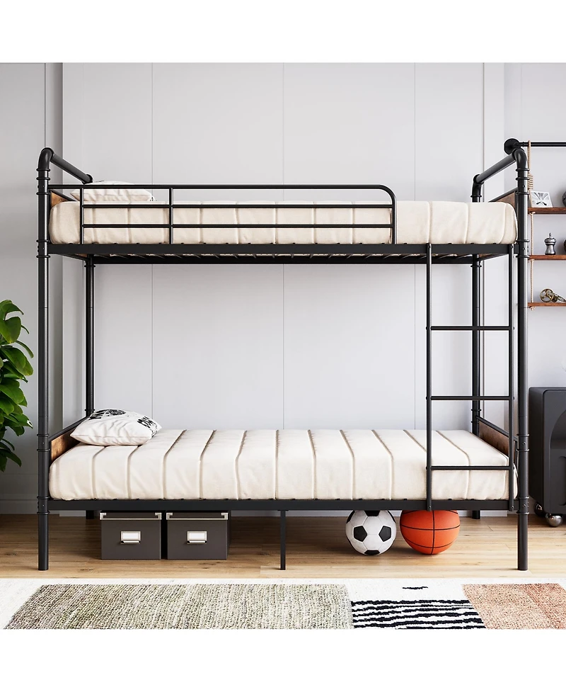 homfan Twin Over Metal Bunk Bed, Converts to 2 Single Beds, Detachable Ladder and Guardrails, Industrial Style with Board Accents
