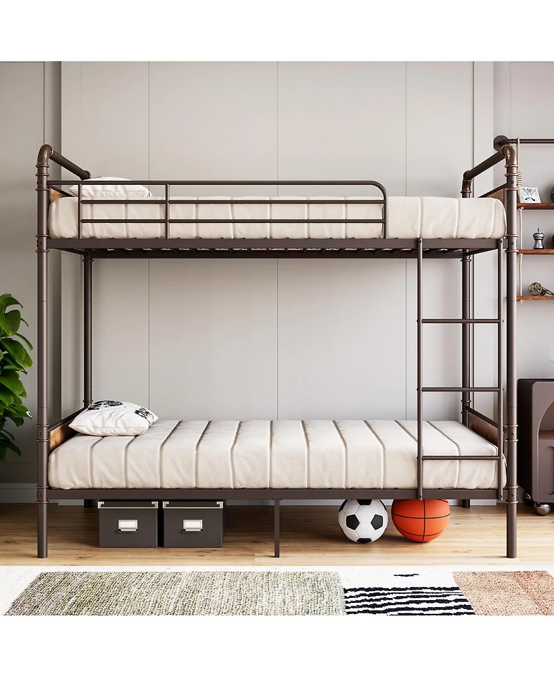 homfan Twin Over Metal Bunk Bed, Converts to 2 Single Beds, Detachable Ladder and Guardrails, Industrial Style with Board Accents