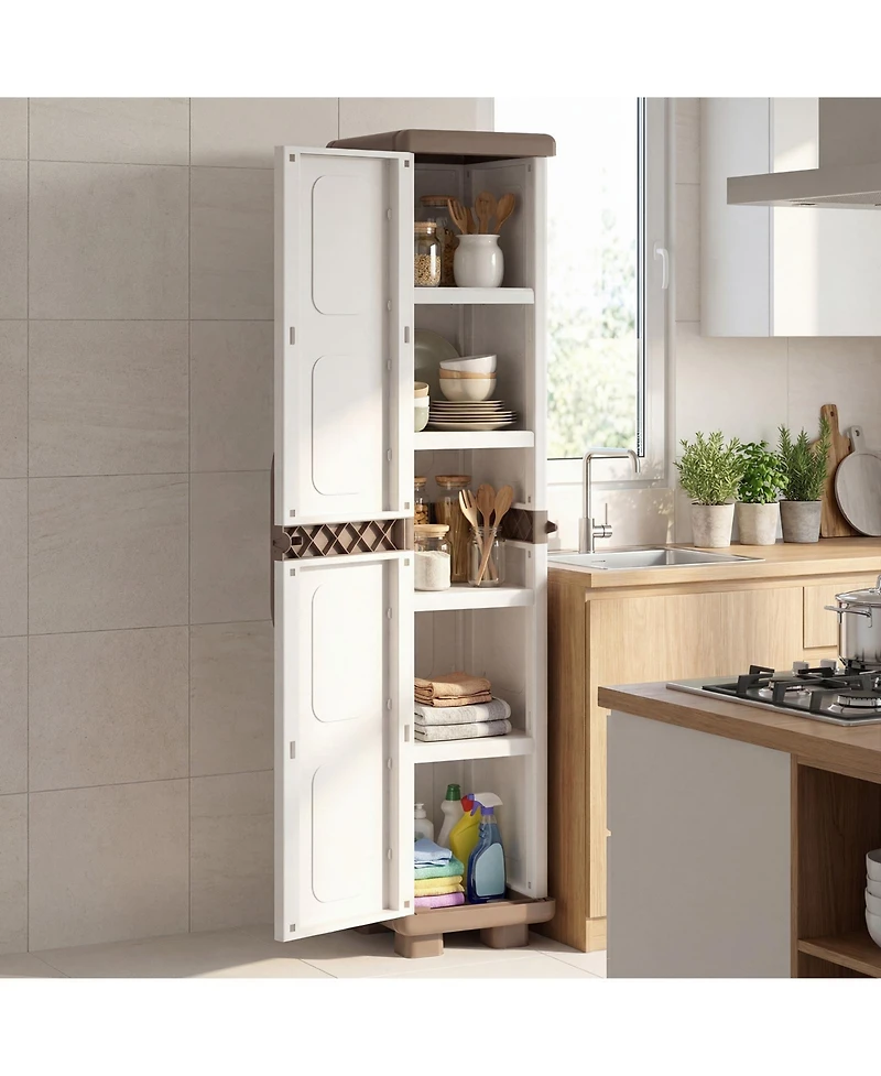 Costway Slim Storage Cabinet with Single Door, Plastic Kitchen Pantry 4 Shelves