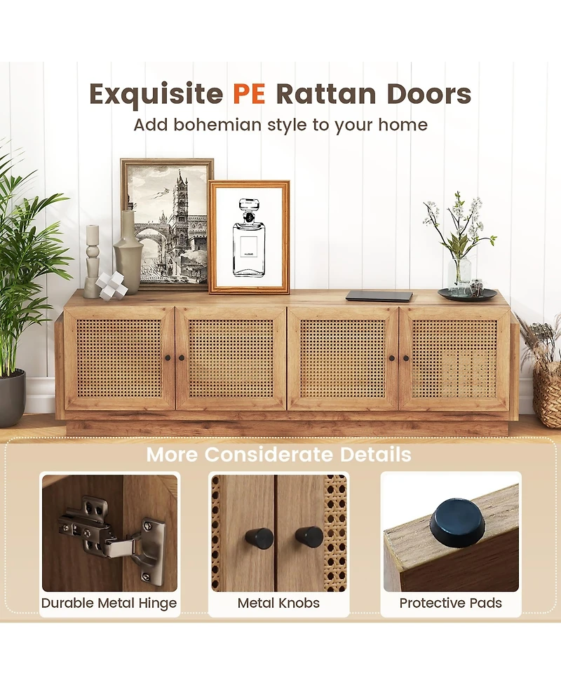 Gymax 4-Door Pe Rattan Media Console Table Farmhouse Tv Stand for TVs